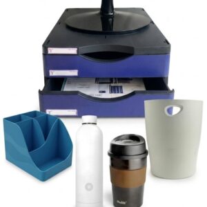 Kit Bienestar Puesto de Trabajo Sostenible Fabricado en España – Botella + Vaso Térmico + Soporte Monitor + Organización