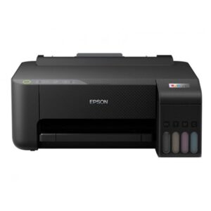 Impresora Epson EcoTank ET-1810 negra, vista frontal, con los cuatro depósitos de tinta recargables a la derecha