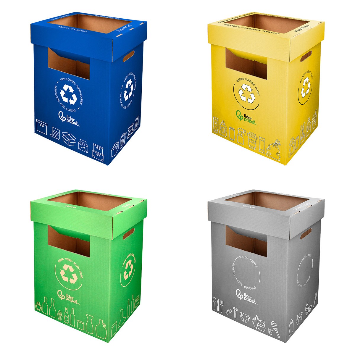 Contenedores de reciclaje Liderpapel de cartón 100% reciclado de 70 L en azul (papel), amarillo (envases), verde (vidrio) y gris (restos)