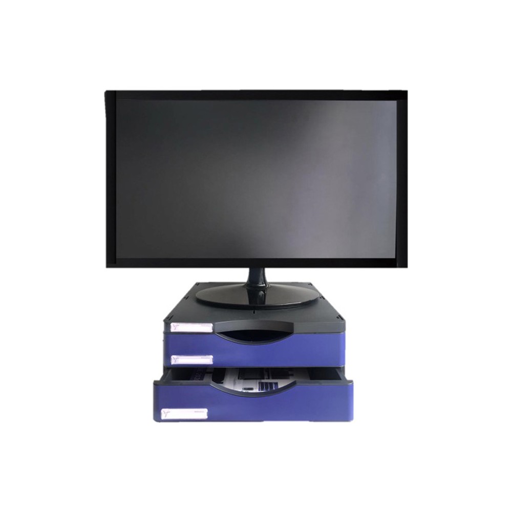 Soporte para monitor Archivo 2000 de poliéster reciclado con dos cajones A4, negro y azul, con un monitor encima