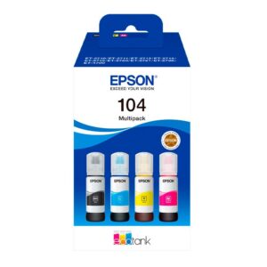 Caja del multipack de tinta original Epson 104 EcoTank con cuatro botellas: negro, cian, amarillo y magenta